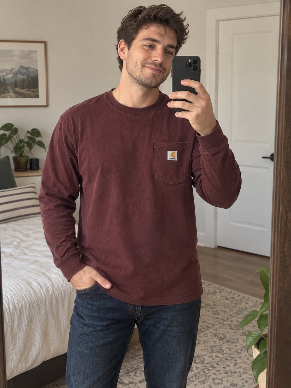 Carhartt Mens M Long Sleeve Pocket T-Shirt Maroon Burgundy Original Fit K126